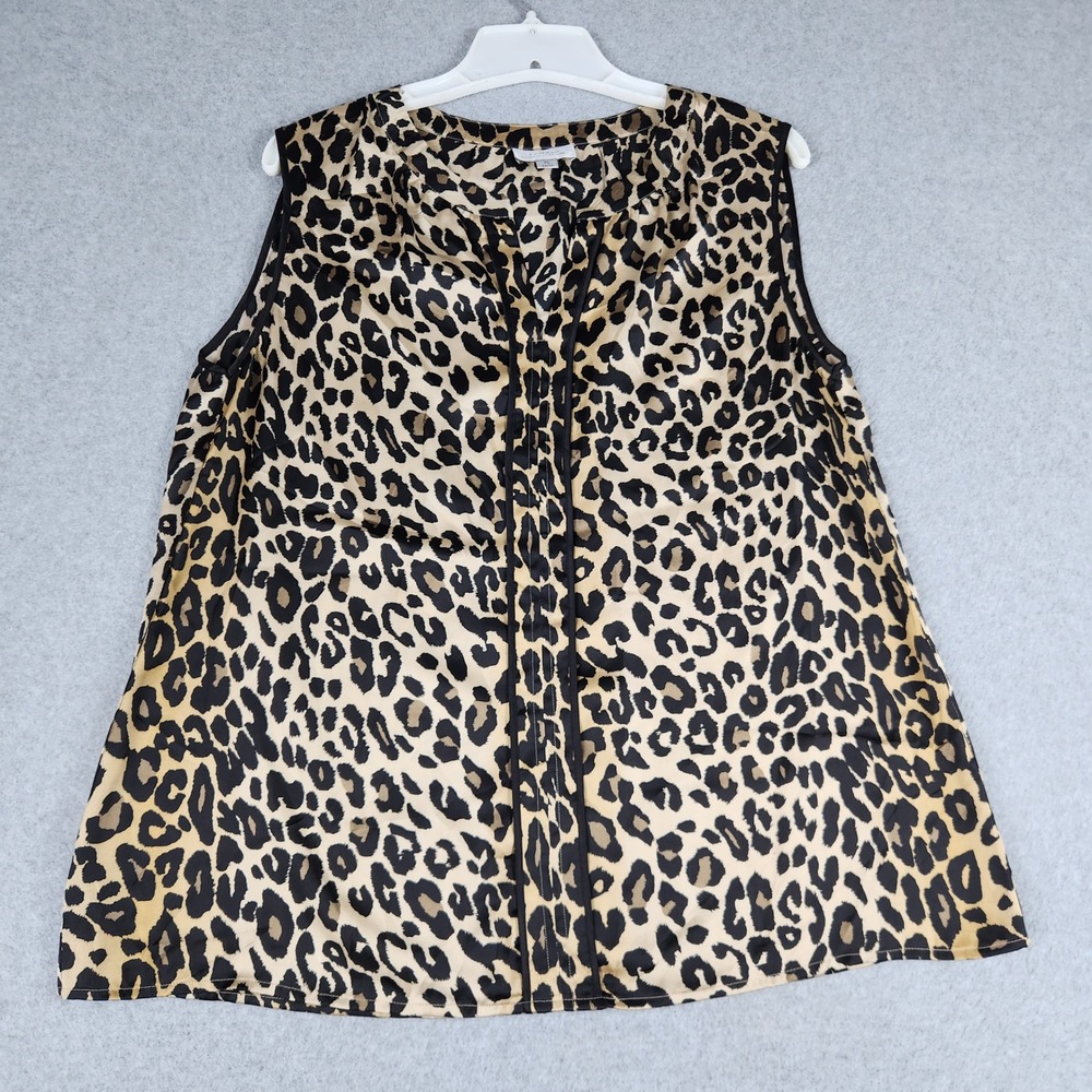 Tahari Blouse Top Womens XL Yellow Black Leopard Print Sleeveless Split Neck